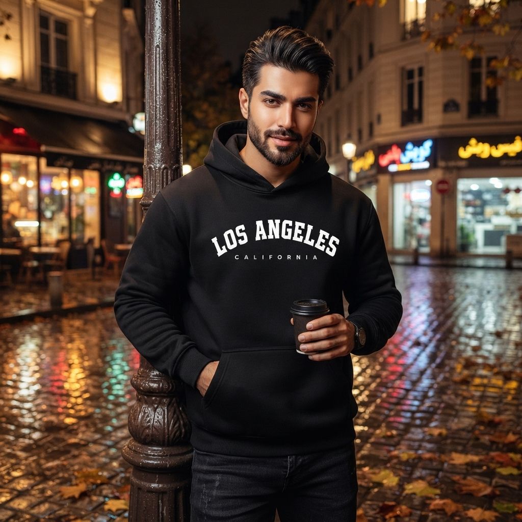 هودی کلاهدار و جیب دار مردانه زنانه مدل Los Angeles-مشکی